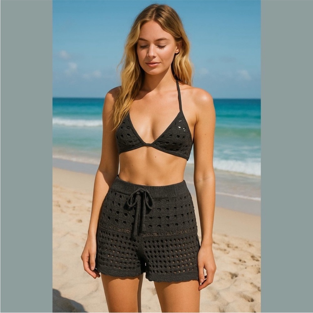 Aerie Black Crochet Swim Coverup Shorts